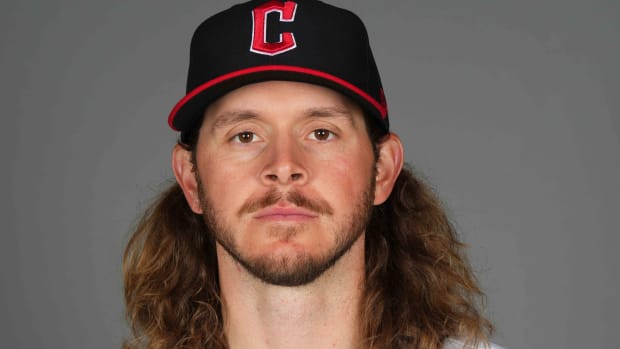 Feb 22, 2024; Goodyear, AZ, USA; Cleveland Guardians player Scott Barlow poses for a photo during Media Day at the Cleveland Guardians Spring Training Facility Mandatory Credit: Joe Camporeale-USA TODAY Sports